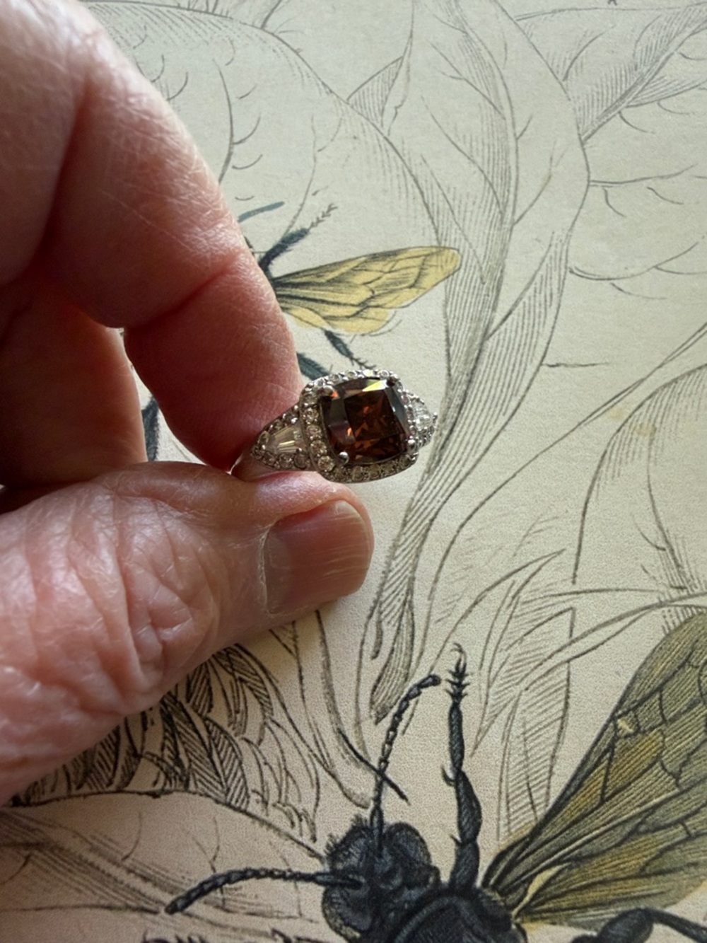 Diamonique Silver Ring with Amber-Brown Center Stone - Picture 2 of 3